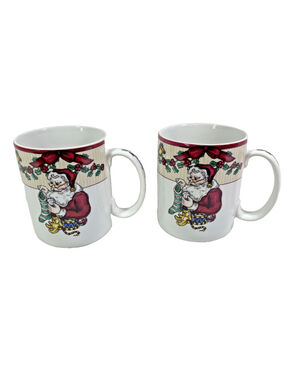 Vintage Fitz and Floyd Santa's List Coffee Tea 4" Cup Set Of 2 1994
